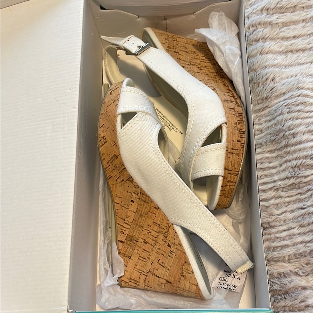 Maurices White Wedge Sandals with Cork Platform